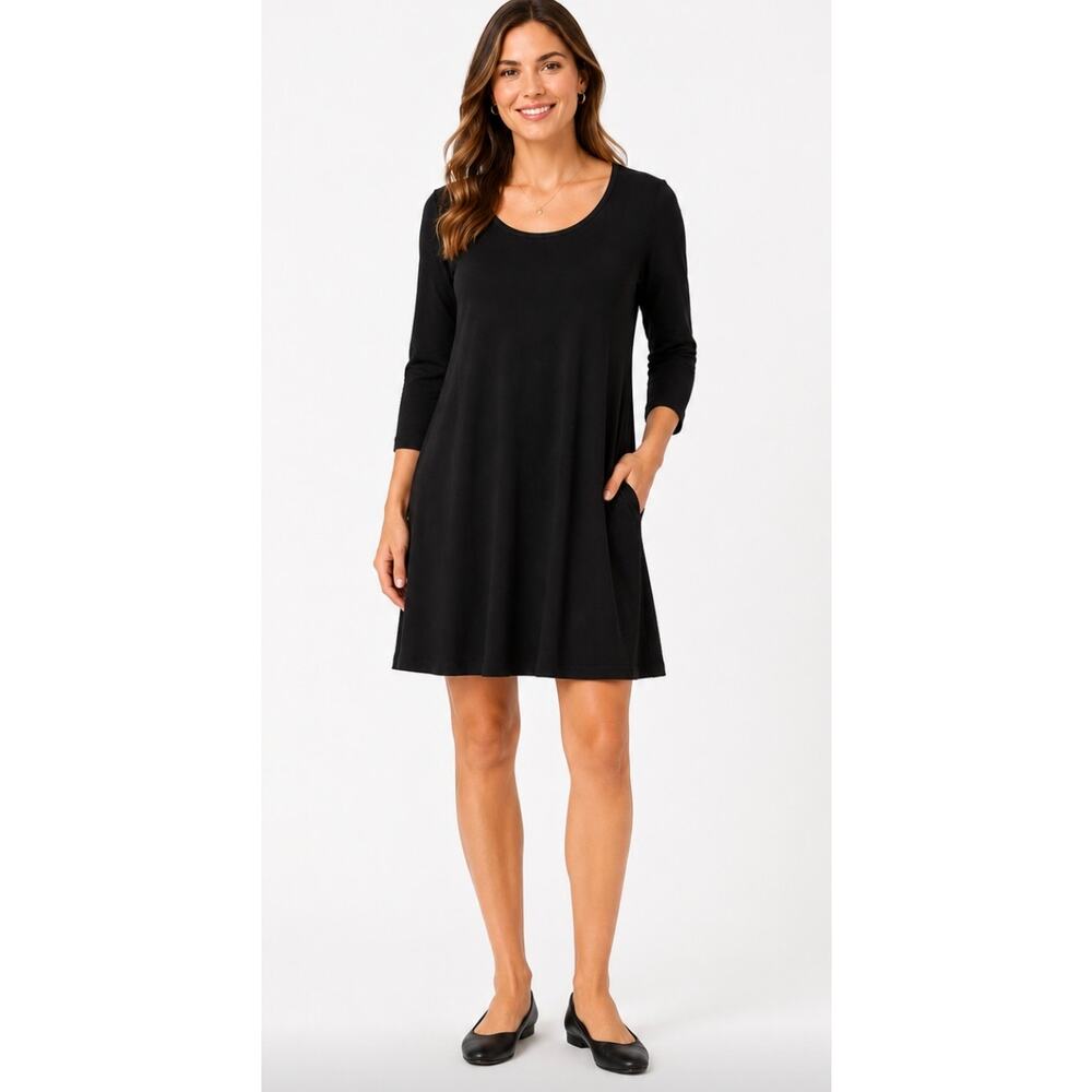 Eileen Fisher Black Jersey Knit Swing Dress Medium 3/4 Sleeve Stretch USA